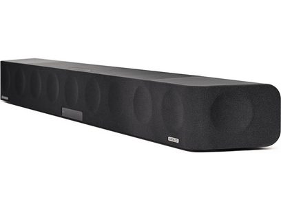Barra audio Sennheiser AMBEO Soundbar Max nera, vista frontale, forma rettangolare allungata con angoli arrotondati