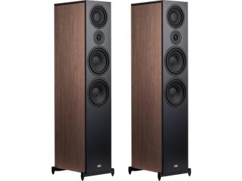 Enceintes colonne Heco AURORA XT 1000 noyer, vue de face et de trois quarts, panneaux latéraux en bois, façade noire, 4 haut-parleurs circulaires