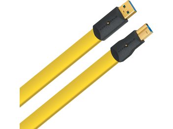Two yellow USB cables with blue USB connectors, of different lengths and diameters, on a white background
