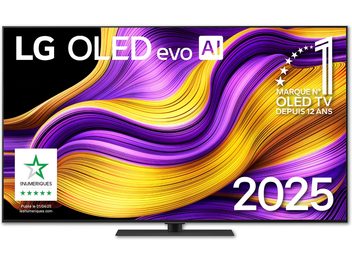 LG OLED65G5 2025, téléviseur haute définition noir, écran en verre à cadre métallique ultrafin et pied central plat, vue de face