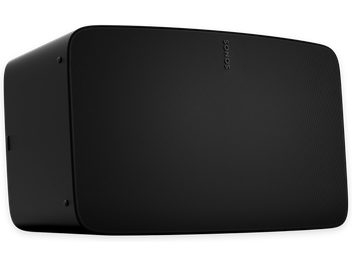 Enceinte Sonos Five noir mat, vue de face, forme rectangulaire aux coins arrondis, grille noire sur toute la surface avant