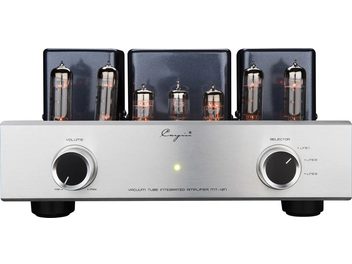Front view of a Cayin MT-12N stereo tube integrated amplifier, featuring a brushed silver aluminum front panel with two black metal-rimmed knobs, a central green LED indicator, and six glowing glass tubes aligned in front of three metallic black transformer covers.