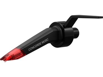 DJ-pladespillercelle fra Ortofon Concorde Music Red, sort kabinet, rød translucent nål, set fra tre kvarter vinkel