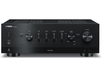 Amplificator hi-fi stereo Yamaha R-N800A negru, vedere frontală, față neagră cu butoane și rotiți argintii, afișaj LED
