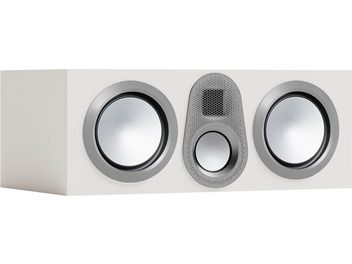 Enceinte centrale Monitor Audio Gold C250 6G blanc satin, vue de face, 2 grands haut-parleurs circulaires, 1 petit central