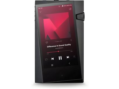 Baladeur audiophile Astell&Kern SR35 charcoal gray, écran affichant graphique rouge, boutons de contrôle, vue de face