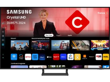 Téléviseur haute définition TU55DU8575 2024, écran affichant une interface utilisateur avec des applications et des recommandations
