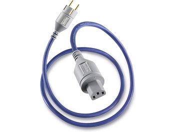 Câble d'alimentation secteur EVO3 Premier 1,5m, vue de dessus, connecteurs gris, câble bleu, 2 fiches dorées