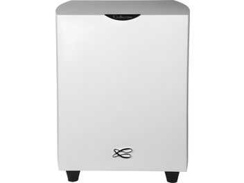 Subwoofer Cabasse Orion cubic alb mat, difuzor negru pe partea frontală, picioare negre, vedere din față
