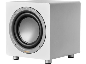 Caisson de grave AudioVector QR Sub SE blanc, coffret en bois à finition mate avec large haut-parleur circulaire gris cerclé de métal et pieds cylindriques métalliques, présenté en vue trois-quarts avant droite