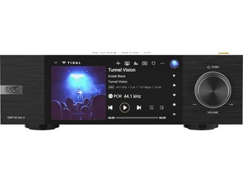 Δικτυακός αναπαραγωγέας ήχου EverSolo DMP-A6 Gen 2 με μαύρη πρόσοψη, κεντρική οθόνη που εμφανίζει μουσική διεπαφή, περιστροφικό κουμπί στα δεξιά.