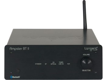 Μαύρος στερεοφωνικός ενισχυτής hi-fi Tangent Ampster BT II, μπροστινή όψη. Πρόσοψη με κουμπιά, επιλογέα και υποδοχή. Λογότυπο Bluetooth