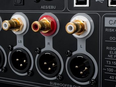 Connecteurs RCA dorés et rouges d'un préampli home-cinéma Emotiva XMC-1, vus de face en gros plan