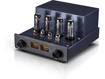 Cayin Jazz 80 EL34 black metal stereo tube integrated amplifier with brushed front panel, two orange backlit VU meters, large circular knobs, and several visible glass tubes on top, shown in a slightly top-down three-quarter front view