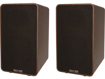 Juhtmevabad Enova HIFI VELA IV pähklipuust kõlarid, eestvaade, ristkülikukujulised korpused puidust viimistlusega, mustad tekstuuriga võred