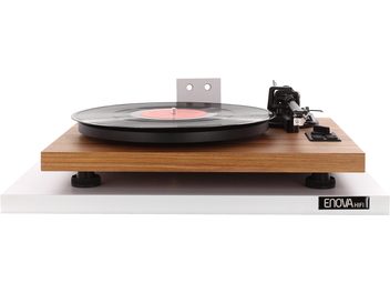 Λευκή βάση τοίχου Enova HIFI Turntable με ξύλινη βάση, βραχίονα ανάγνωσης και χειριστήρια, άποψη από πάνω