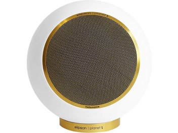 Enceinte bibliothèque Elipson Planet L Performance blanc mat doré avec grille circulaire noire entourée d’un cadre doré