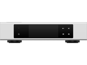 Matrix Audio Element S network audio player in anodized silver aluminum, front view, glossy black front panel with central display turned off, white touch controls on the right, and two visible black cylindrical feet