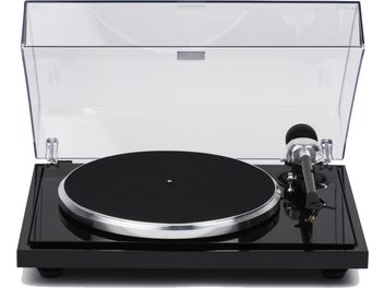 Platine vinyles hi-fi EAT European Audio Team B-Sharp noir, vue de face, couvercle transparent relevé, plateau circulaire noir, bras de lecture à droite