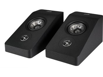 Two black Polk Audio R900 trapezoidal speakers with coaxial driver and logo on top