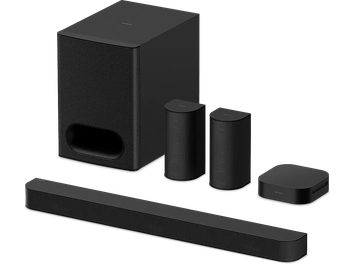 Soundbar Sony Bravia Theatre System 6 z subwooferem, 2 głośnikami satelitarnymi, obudową i listwą w widoku z przodu
