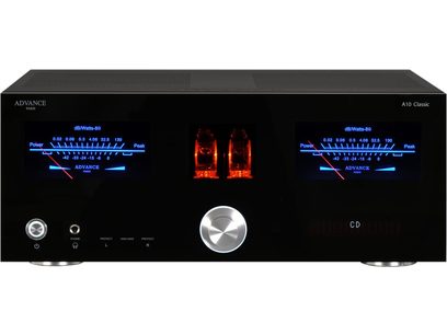 Ampli hi-fi stéréo Advance Paris A10 Classic noir, façade avant avec affichage LED bleu, 2 vu-mètres rouges illuminés, boutons et connectique