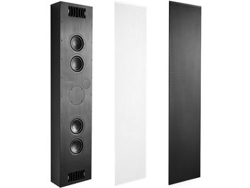 PMC Ci140 sub in-wall subwoofer enclosure, dark wood, black grille, 4 speakers, 3 views