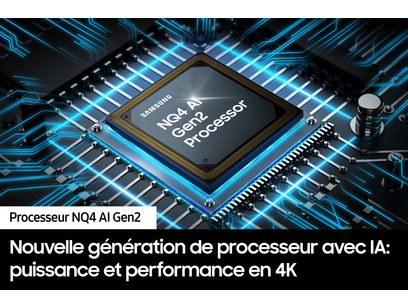 Processeur NQ4 AI Gen2 Samsung sur circuit imprimé bleu illuminé, avec texte descriptif en français et anglais